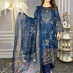 Navy Blue Floral Swiss Cotton Three-Piece Set - Jom Jom Premium Collection