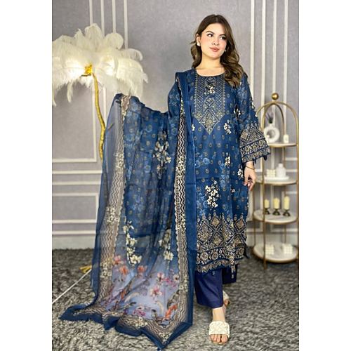 Navy Blue Floral Swiss Cotton Three-Piece Set - Jom Jom Premium Collection