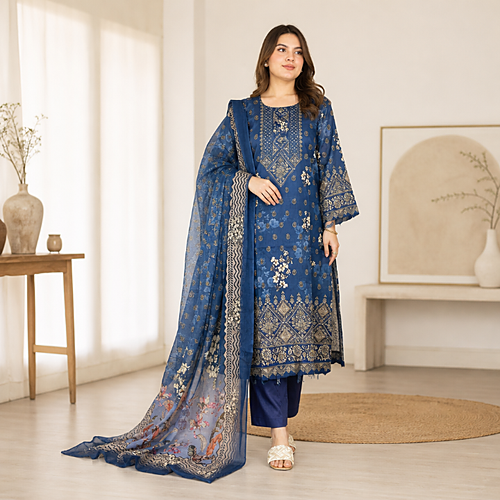 Navy Blue Floral Swiss Cotton Three-Piece Set - Jom Jom Premium Collection